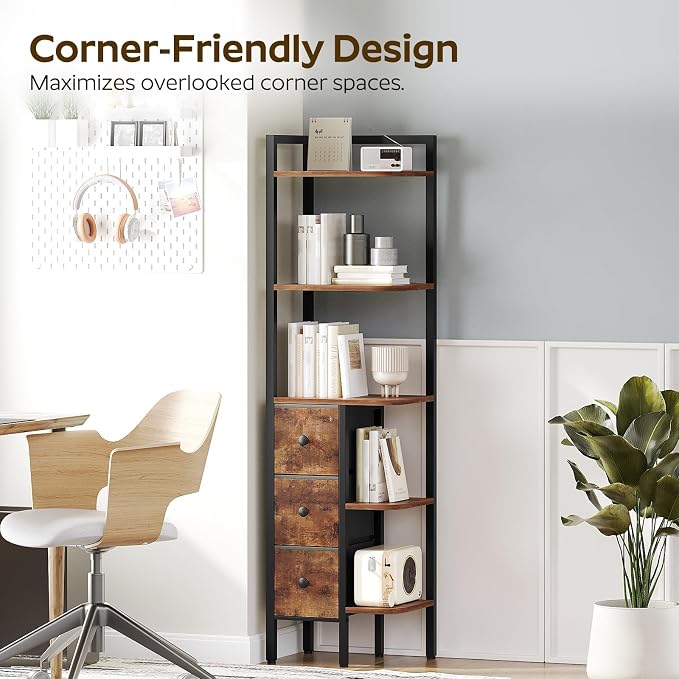 YATINEY Corner Shelf Stand, 5-Tier Corner Bookshelf with 3 Drawers, Industrial Display Shelf for Narrow Spaces, Wooden Small Bookcase, Easy Assembly, Rustic Brown and Black CJ10BR