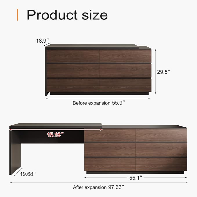 Retractable L-Corner Computer Desk with 6 Organizer Drawers for Games, Make-up, Home Office, Walnut