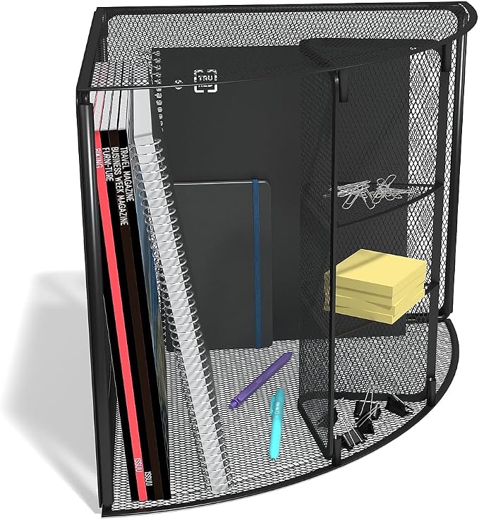 TRU RED Wire Mesh Corner Desk Organizer, 4‑Compartment – Space‑Saving Desktop Storage for Files & Office Supplies