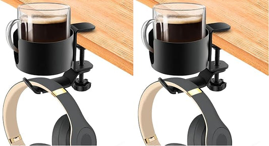 OOKUU 2 in 1 Desk Cup Holder with Headphone Hanger, Anti-Spill Cup Holder for Desk or Table, Easy to Install, Sturdy and Durable, Enough to Hold Coffee Mups, Water Bottles, Headphones (Pack of 2)