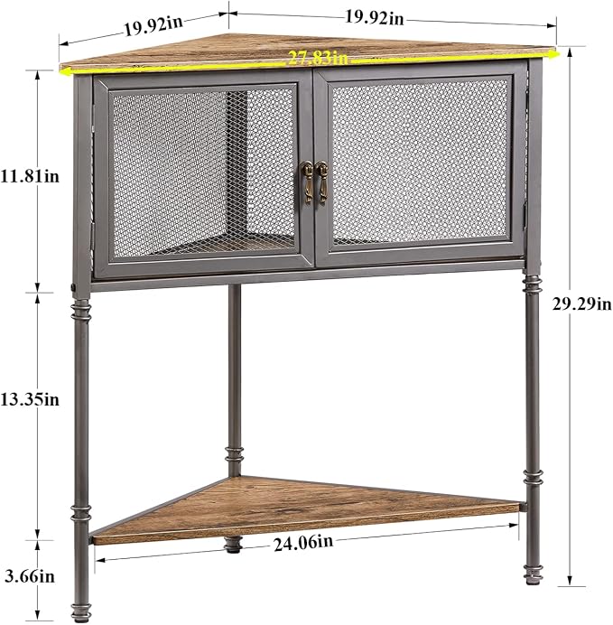 VECELO 3-Tier Corner Table,Cabinet with Mesh Door and Open-Shelf,Corner Shelf Stand,Metal Frame Storage Shelf Organizer Display Shelves for Bedroom,Living Room,Kitchen,Bathroom