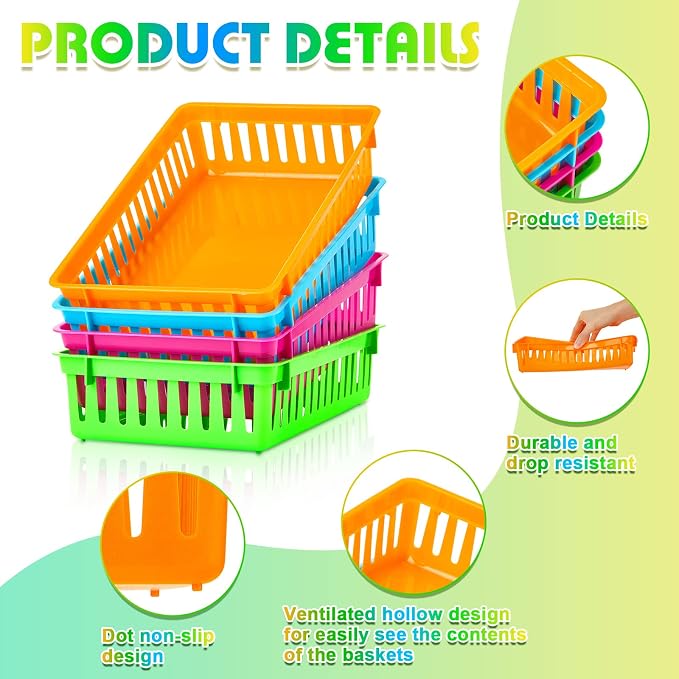 16 Pcs Classroom Storage Baskets Bins Crayon Holder Box Plastic Organizer Plastic Pencil Crayon Book Baskets for Library Storage Trays for Desk Drawer Home Office, 10.2 x 6.5 x 2.4 Inch