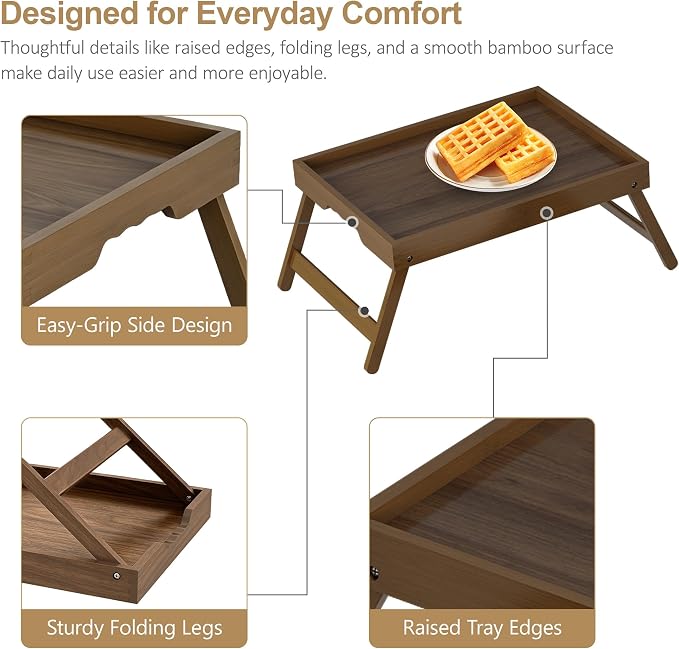 Breakfast Tray with Folding Legs Set of 2, Bamboo Bed Tray Table 15.7" Foldable TV Dinner Tray with Ergonomic Wave Handles for Bed Couch Sofa, Breakfast, Snacks, Coffee, Walnut