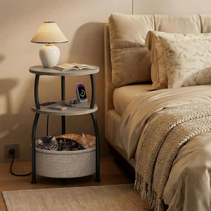Round Side Table with Power Outlets and Type-C Port, USB Port Small Coffee Table with Basket, Space Saving End Table 3-Tier Bedside Corner Table Stand for Living Room, Bedroom, Garden 15.75in