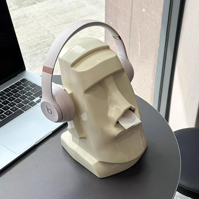 Creative Moai Tissue Box Holder with Headphone Holder, Suitable for Living Room, Bedroom and Other Desktop Storage Boxes, Green,Cream White, Black. (Cream White)