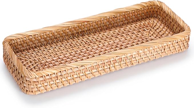 Hipiwe Rattan Basket Tray Handwoven Key Basket Holder for Entryway Long Narrow Bathroom Sink Vanity Tray Toilet Tank Basket Wicker Decorative Trays for Home Decor, 15.8"x 6"x2.2"