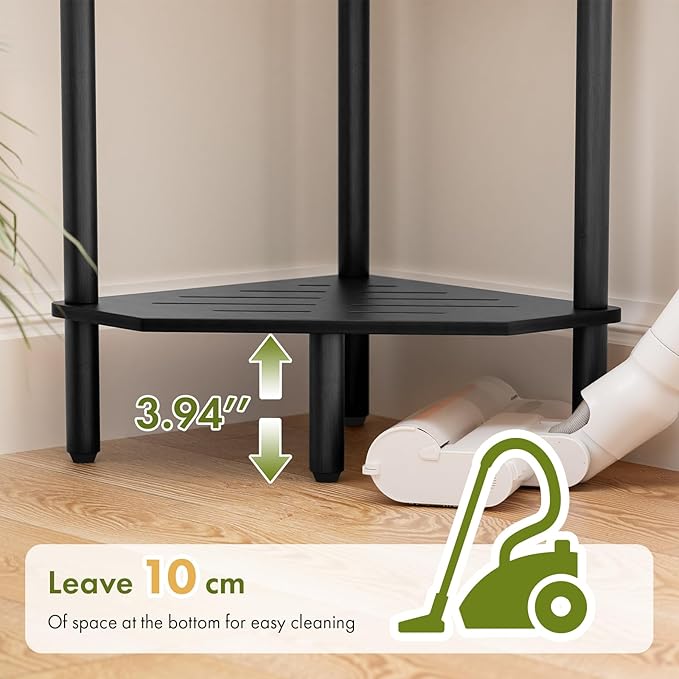 5-Tier Black Corner Shelf, Bamboo Corner Bookshelf, Indoor Plant Shelf, Kitchen Free Standing Shelf Storage Organizer, Tall Narrow Bookcase for Small Spaces, Bedroom, Living Room, Office
