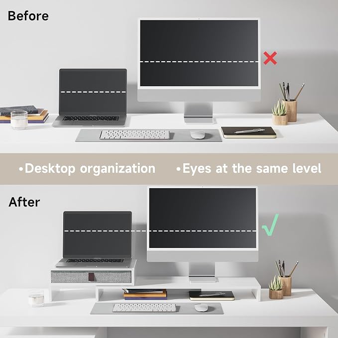 Fenge Computer Monitor Riser Stand with Drawer for 2 or 3 Monitors ,Adjustable Length and Angle Desktop Laptop Stand,Office Organizer,Printer,White