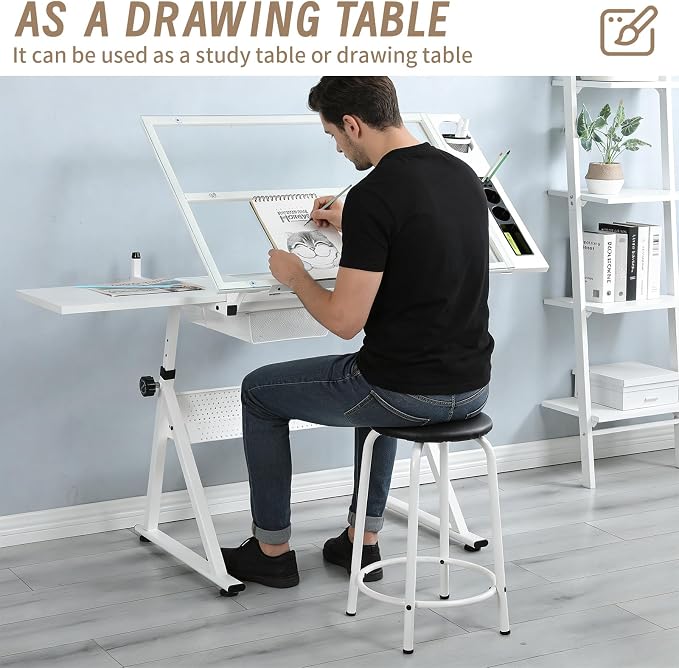 Adjustable Tempered Glass Drafting Table, 0-75° Tilting Art Desk with Multi-Storage Drawers & Trays, Height Adjustable 27.1"-35.8" Drawing Table with Chair, White