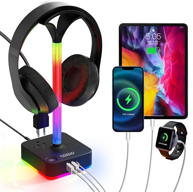 cozoo RGB Headphone Stand with Charger 3 USB Ports and 2 AC Outlets,2 USB-A 1 Type C,Desk Gaming Headset Holder with 9 Light Modes,PC Gaming Desk Accessories,Gamer Gifts,RGB Gaming Stuff Headset Stand