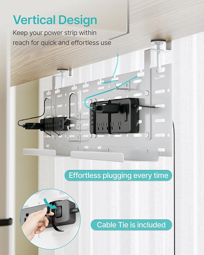 PEGZONE Under Desk Cable Management Tray, 30.2" Vertical Pegboard Organizer for Power Strip & Cords, with Hooks, Trays & Straps, No-Drill C-Clamp for Home Office, White