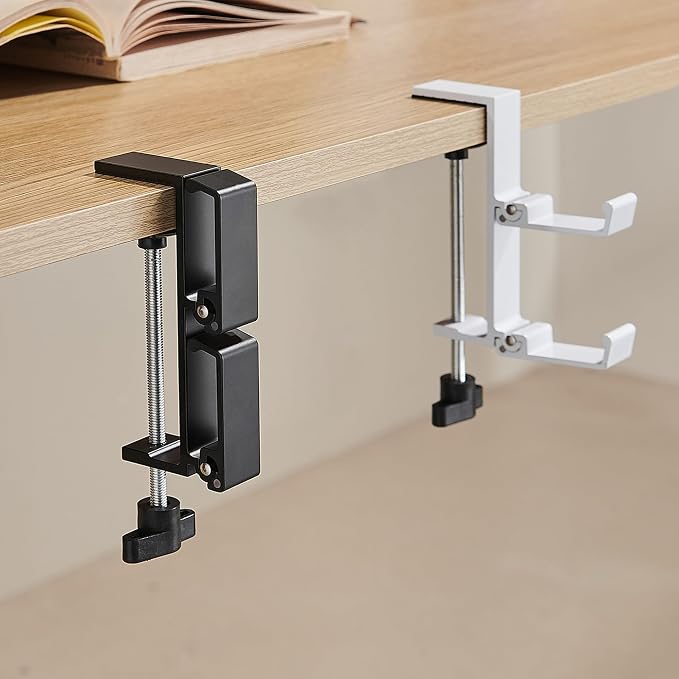 Heavyrain Desk Edge Headphone Holder and Bag Hook, Clamp-On Design, No Drill Installation, Metal, Black