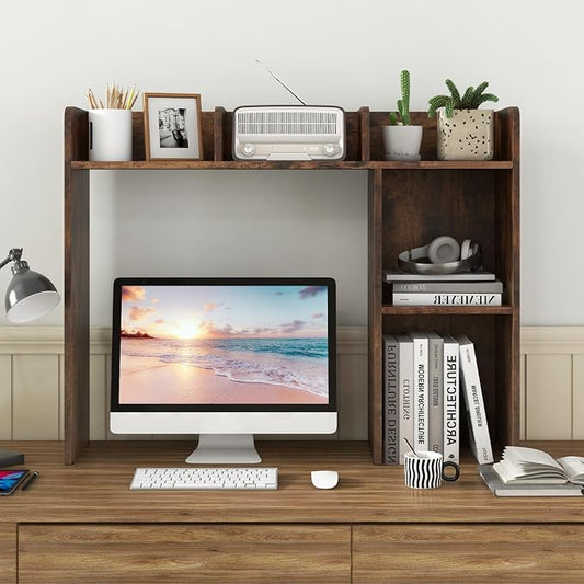 Desktop Bookshelf, 3-Tier Desk Organizer Shelves with 5 Display Rack, Countertop Storage Bookcase for Computer Desk, Desk Hutch Shelf for Top of Desk, Dorm, Home, Office (Rustic Brown)