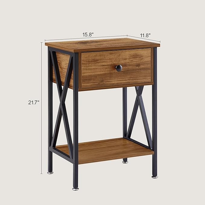 VECELO Night Stand with Drawer, 2 Tiers Storage Shelves End Table, Small Side Table for Small Spaces,Night Stand for Living Room, Bedroom,Brown