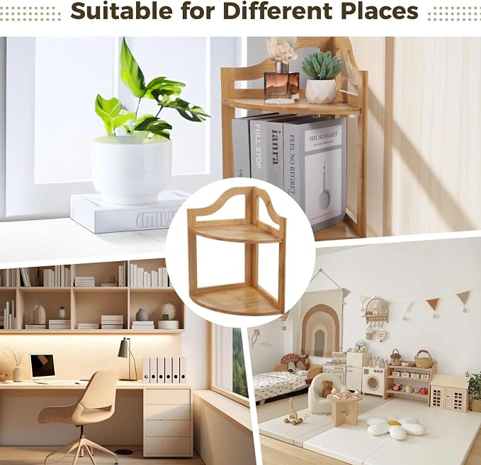 Two-Tier Wooden Corner Desk Storage Shelf, Compact Organizer for Small Spaces, Space-Saving Book and Plant Display, Easy to Install