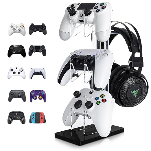 OAPRIRE Controller Stand Headset Stand, 3 Tier Acrylic Gaming Controller Holder Compatible with PS4, PS5, PC, Xbox, Universal Design (Black)