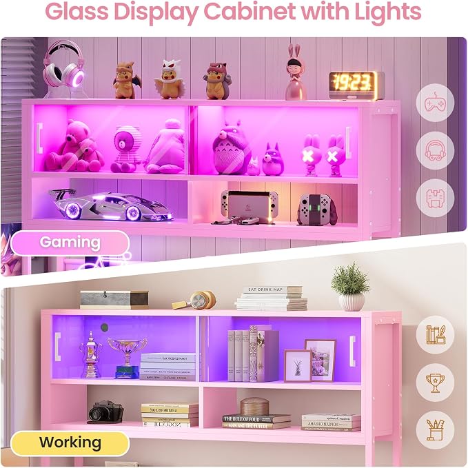 SEDETA L Shaped Gaming Desk, Home Office Computer Desk with 2 Drawer and Bookshelf, L Shaped Gaming Desk with LED Light, Glass Cabinet and Storage Bag, Corner Desk with Storage Shelves, Pink