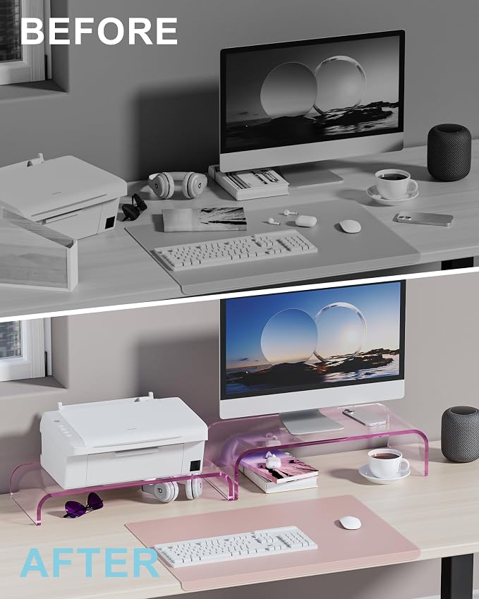 Acrylic Dual Monitor Stand Riser 2 Tier, Modular Laptop Stand for Desk, Multifunctional Desktop Organizer Shelf for PC, iMac, Printer, Detachable Monitor Stand for Office or Home, Pink