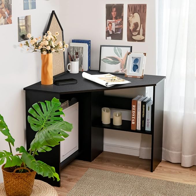 Small Corner Desk, Space-Saving Corner Workstation with Storage Shelves & CPU Stand, 90 Degree Triangle Makeup Vanity Desk, Wood Corner Computer Desk for Small Space (Black)