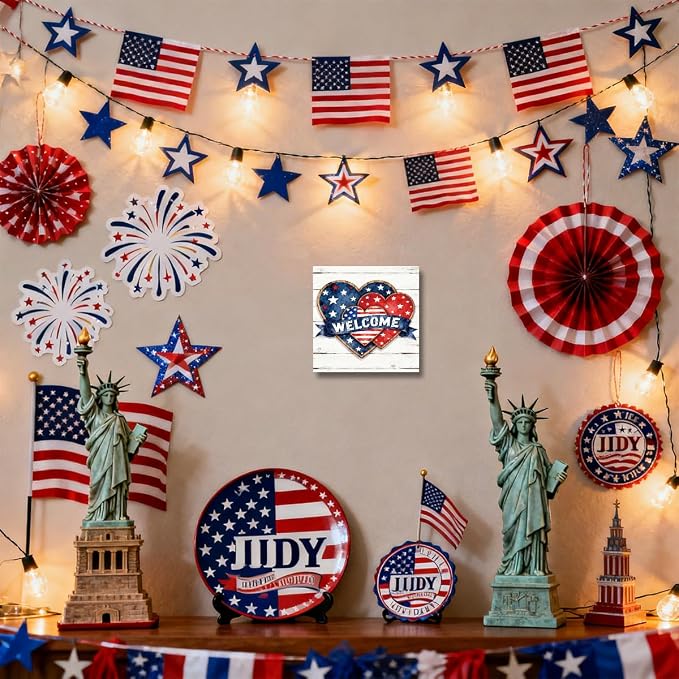 Patriotic Wooden Box Sign,Welcome Heart 4th Of July Signs Home Decor,Independence Memorial Day Block Sign for Desk Shelf Tabletop Decor