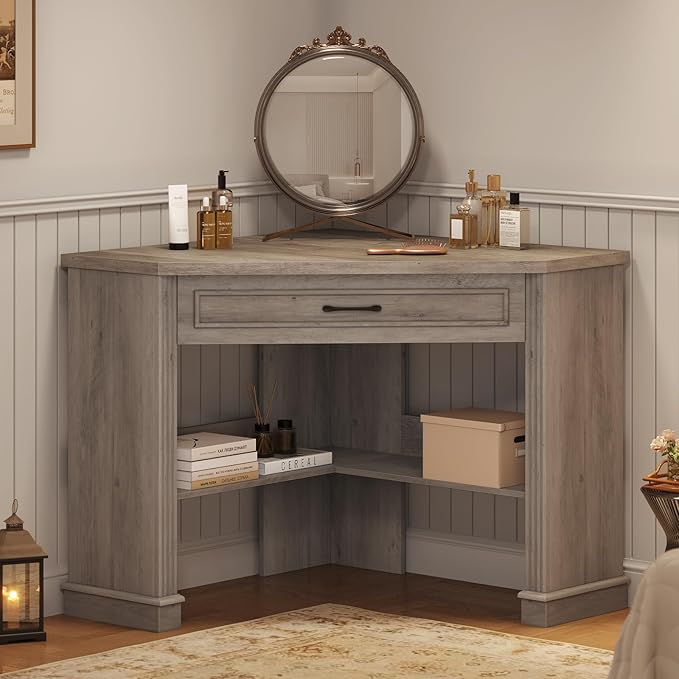 SEDETA 31.5" Small Corner Desk, Corner Desk for Small Space, Farmhouse Computer Desk with Drawers, Triangle Computer Desk with Storage Shelves for Home Office, Living Room, Bedroom, Gray