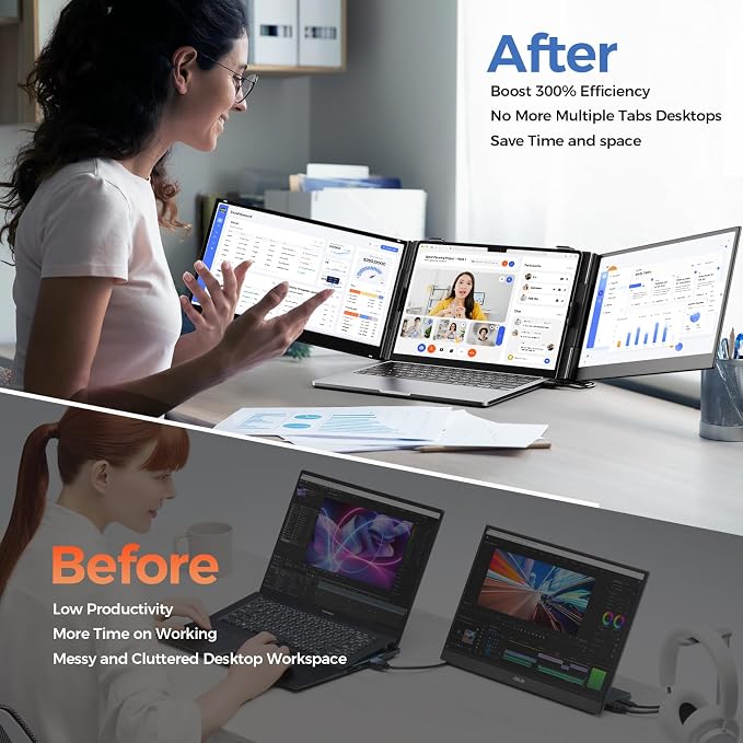 Laptop Screen Extender, 14" Ultra Thin Lightweight(2.2lb) FHD 1080P Triple Portable Monitor for Laptops 13-17.3", Plug-Play Aluminum Dual Monitor Extended for Mac/Windows, Business/Travel/Home/Office