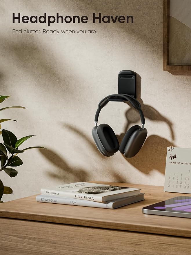 MAMUVIMO Headphone Stand, 2 Pack Headset Stand Foldable＆Sticky, Headphone Holder Hook Mount with Non-Slip Silicone, Adhesive Earphone Desk Hanger Clip Space-Saving for Airpods Max, All Earphones-Black