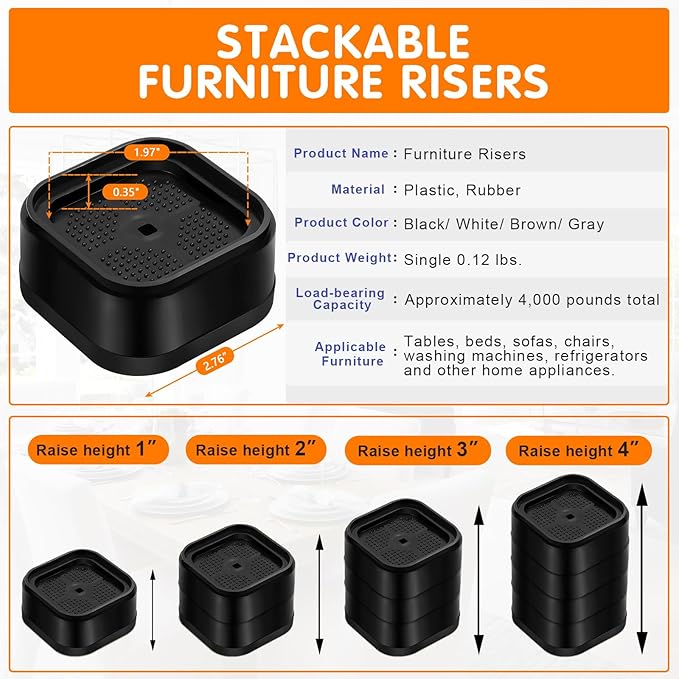 shouwuhho 6 Pack Furniture Risers Adjustable Bed Risers Heavy Duty Lifts Height 1", Square Stackable Bed Risers 1, 2 or 3 Inch for Desk Leg Table Couch Sofa Chair Bed Frame Legs Dorm, Black
