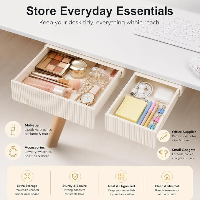 YOOUSOO Under Desk Drawer Organizer, 2 Pack Self Adhesive Slide Out Desk Storage Drawers, Hidden Desk Drawer Attachment for Pens, Notes, Earbuds, Cables and Small Office Accessories, White