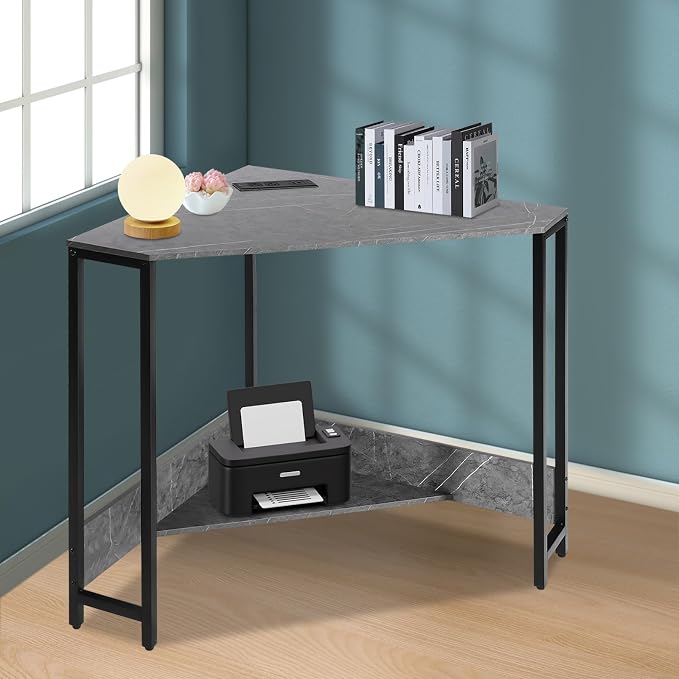Corner Desk with Outlets and USB Ports, 26.77x26.77x29.53in Triangle Desk with Storage for Home Office, Workstation, Living Room, Bedroom, Small Space (Grey)