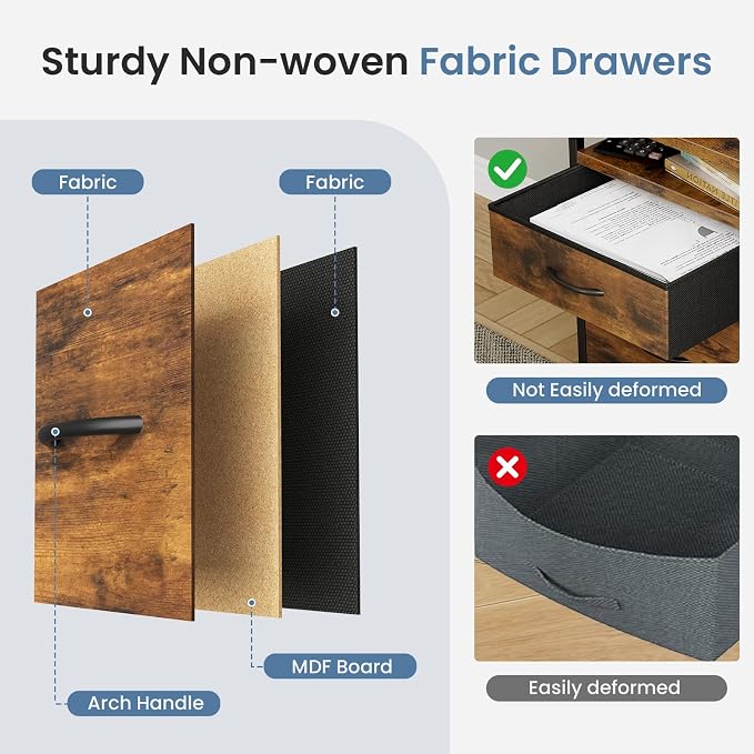 DUMOS 2 Drawer Mobile File Cabinet, Rolling Printer Stand with 24'' Wide Desktop, Fabric Drawer Cabinet Under Desk Fits A4/Letter Size, Printer Cart with Storage Side Bag for Home Office, Rustic Brown
