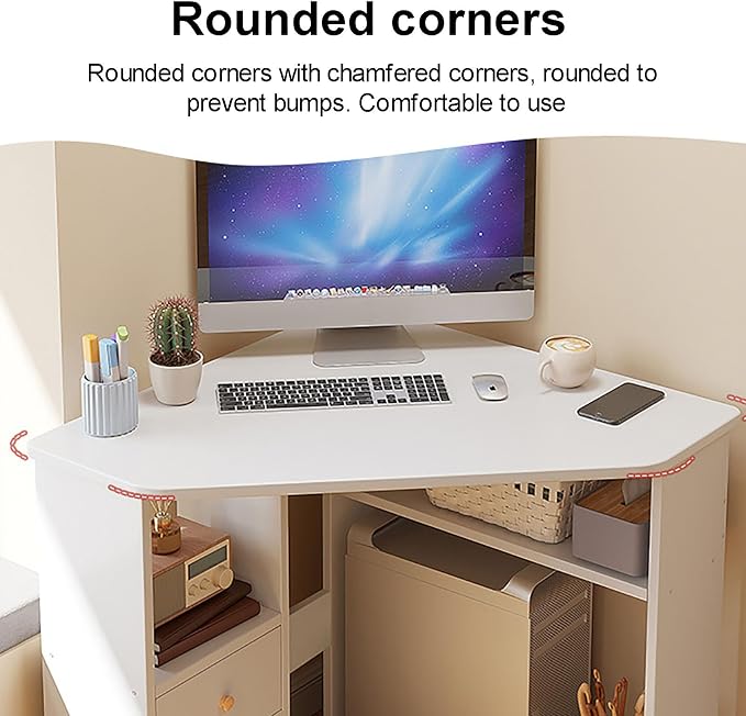 SAZDFY Corner Desk for Small Space, Triangle Computer Desk Corner Writing Desk with Storage Shelves & CPU Stand, Makeup Vanity Table for Home Office, Workstation(57x57x74cm(22x22x29inch), White)