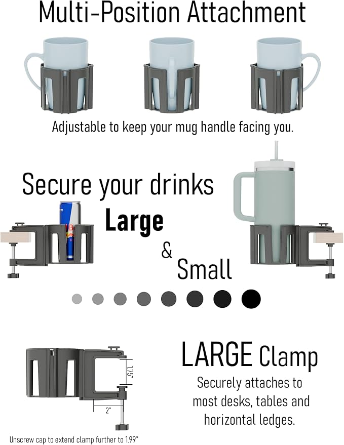 Original Large Desk Cup Holder Clamp | Anti-Spill Mount, Multi-Directional Drink Holder, Headphone Hanger, For Table, Desks, Office & Gaming Setup