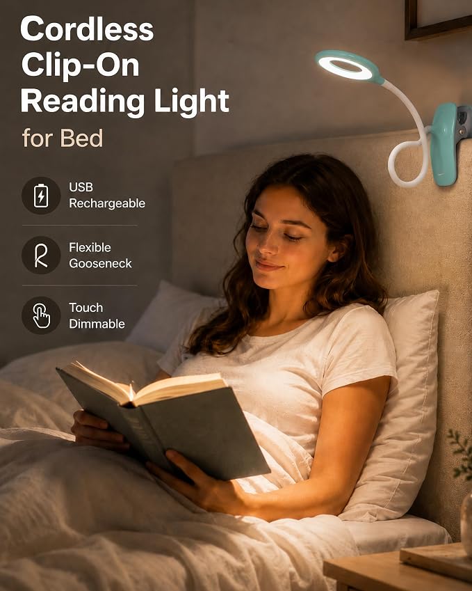 Clip On Reading Light for Bed Headboard, USB Rechargeable Cordless Clamp Lamp for Dorm Room Essentials, Touch Dim, 3 Colors, Eye Protect LED Desk Lamp for College Dorm Room, Gooseneck,Green