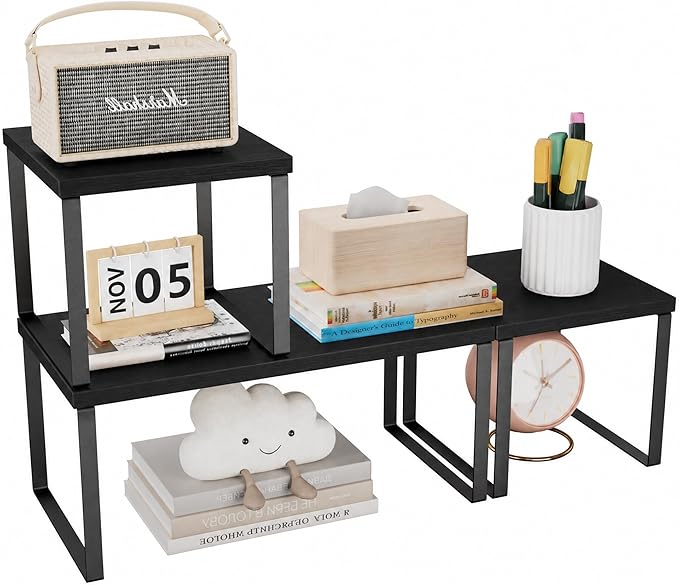 Aothia Desktop Shelf Organizer for Top of Desk, Modular 2-Tier Stackable Wood Storage Shelf, Modular Desk Organizer for Office, Home Workspace & Kitchen Counter, Black