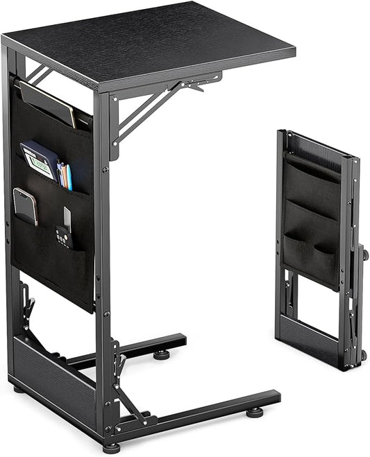 Folding C Shaped End Table, Small Folding Side Table with Storage Bag, Portable TV Tray for Couch, Sofa, Bed, Black