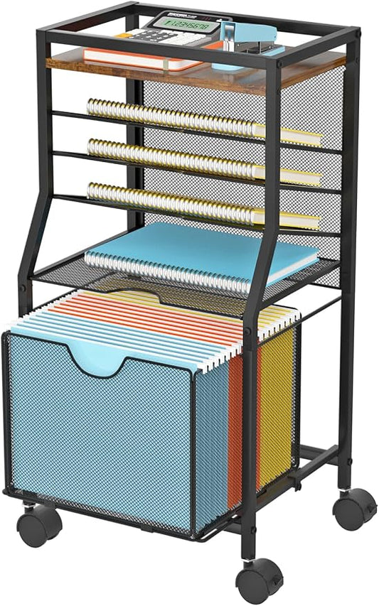BOHDK Rolling File Cart, 6-Tier Desk File Organizer on Lockable Wheels, Brown Wood Planks & Mesh Sliding Hanging Folder Drawer, Organization Cart for Office Home School