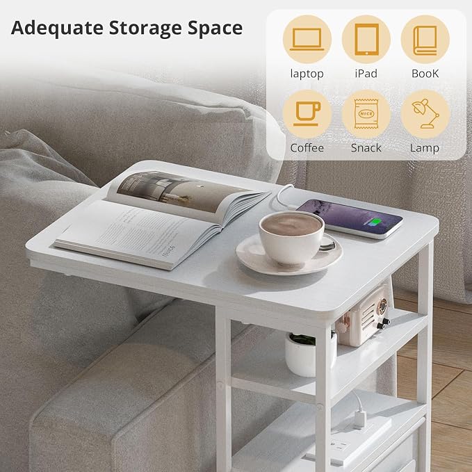 C Shaped End Table with Charging Station, 28"(H) 3-Tier C Table with Storage Bag, Under Couch Table C-Shaped End Table with Storage Shelves and Bag for Living Room, Bedroom, or Office