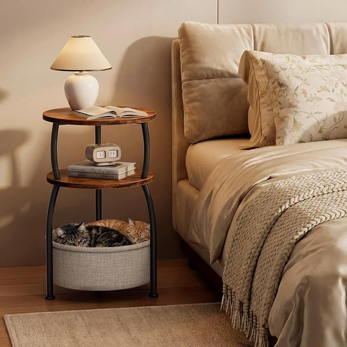 Round Side Table with Storage Basket, 15.75in Small Space Saving End Table 3-Tier Bedside Corner Table for Living Room, Bedroom, Garden, Sofa Side Table