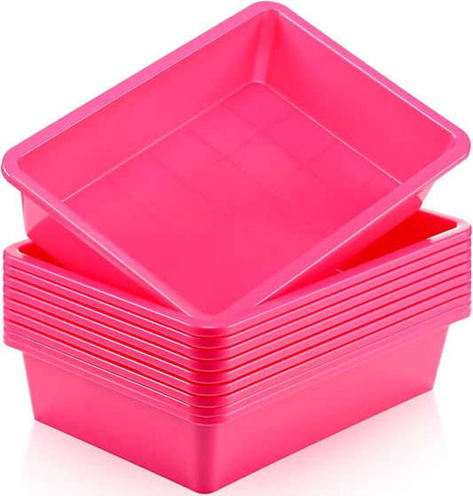 Hoteam 10 Pcs Flat Storage Organizer Tray Bin Paper Tray for Classroom Plastic Stackable File Organizer for School Office Teacher Book Organization(Dark Pink,13.78 x 9.84 x 3.15 Inch)