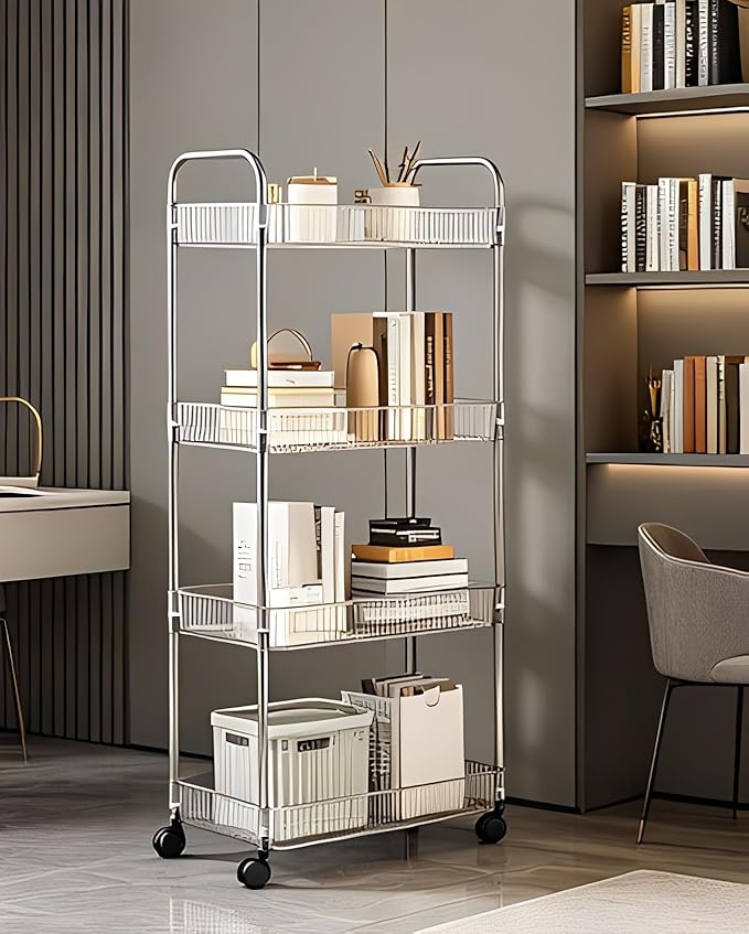 Sooyee Clear 4-Tier Plastic Rolling Utility Cart with Wheels, Multi-Functional Storage Trolley for Office, Living Room, Kitchen, Movable Storage Organizer with Wheels