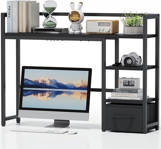 Marbrasse Desk Shelf with Drawer, 40" Desk Hutch for Computer Monitor, Desk Shelf for top of Desk, Wooden Desktop Bookshelf Storage Rack for Home Office Dorm - Black