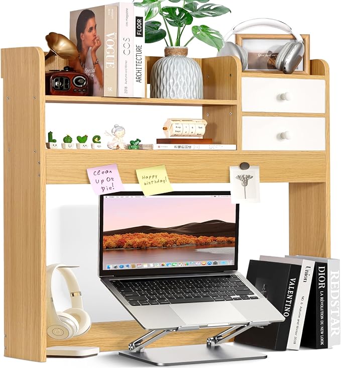 YGYQZ Wood Desk Shelf Organizer, Desk Hutch Top Only, Countertop Storage Hutch with 4 Shelves for Computer Desk，2-Tier with Cabinet Door Rack for Office, Home, Dorm，Natural