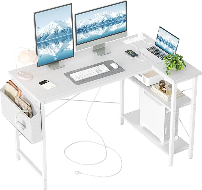 TIQLAB L Shaped Computer Desk with Power Outlets, 47 Inch Small Corner Desk with Reversible Shelves, Gaming Desk Computer Table Study Writing Desk for Home Office Small Space, White