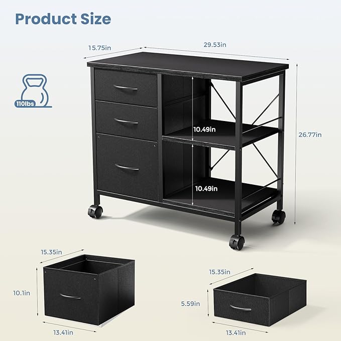 OLIXIS 3-Tier Printer Stand with Fabric Storage Drawer, Rolling Printer Cart with Lockable Wheels and Metal Frame, Under Desk Table with Open Storage Shelf for Small Spaces, Home, Office, Black