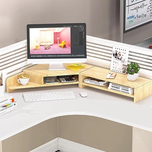 Ergonomic Corner Monitor Stand Riser, Desktop Corner Shelf with Cup Holders and 2 Tiers Storage, Space Saving Desk Organizer Stand for Study Room (Wood color)