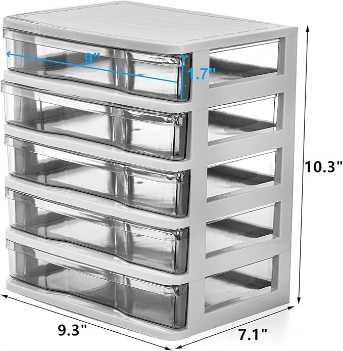 DEAYOU 5 Drawer Desktop Storage Bin Unit, Small Plastic Organizer, White Frame with Clear Drawer, Mini Container Case for Desk, Storing Craft, Accessory, Stationery