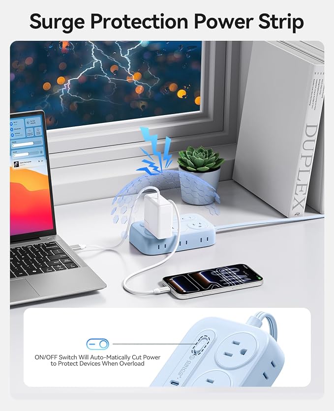 ORICO Surge Protector Power Strip, PD20W Multiple Outlets Extension Cord with 6 AC Outlets and 4 USB Charging Ports (2 USB-C), Flat Plug, 5Ft Mountable Outlet Extender for Office/Dorm ETL Listed- OG