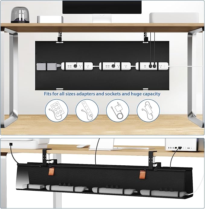 Zilink No Drill Under Desk Cable Management Tray 40" Cord Organizer for Table Clamp/Screw Mount Cable Management Under Desk Waterproof Fabric Cable Management Tray for Office, Home