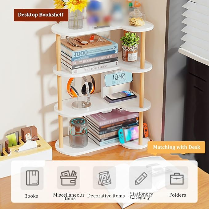 Desktop Corner Bookshelf, Wood Frame Desk Dorm Organizers, Reversible Left/Right Corner Design Storage Rack, Open countertop Display Shelf, for Home Office(6-Tier)